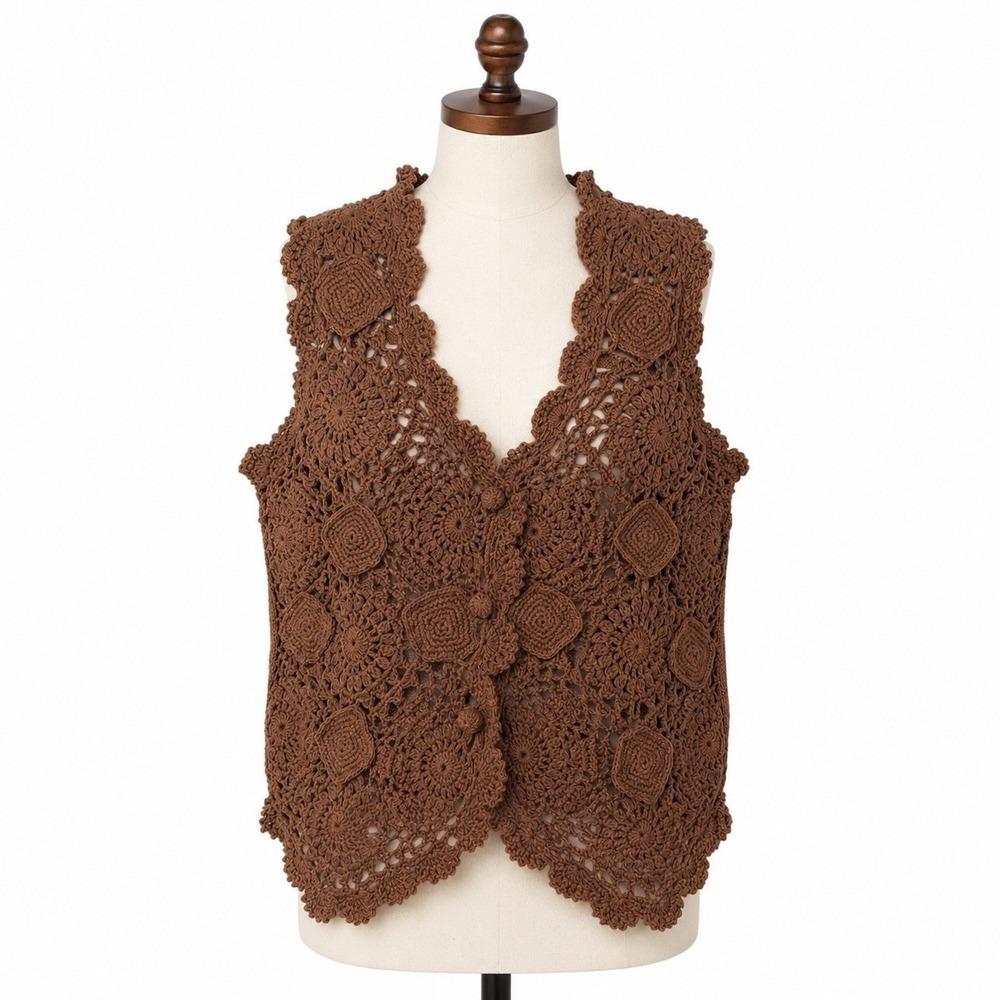 Vintage Hand Knitted OS Crochet Vest Boho Cottage 90s Y2K Brown Earthy Hippie